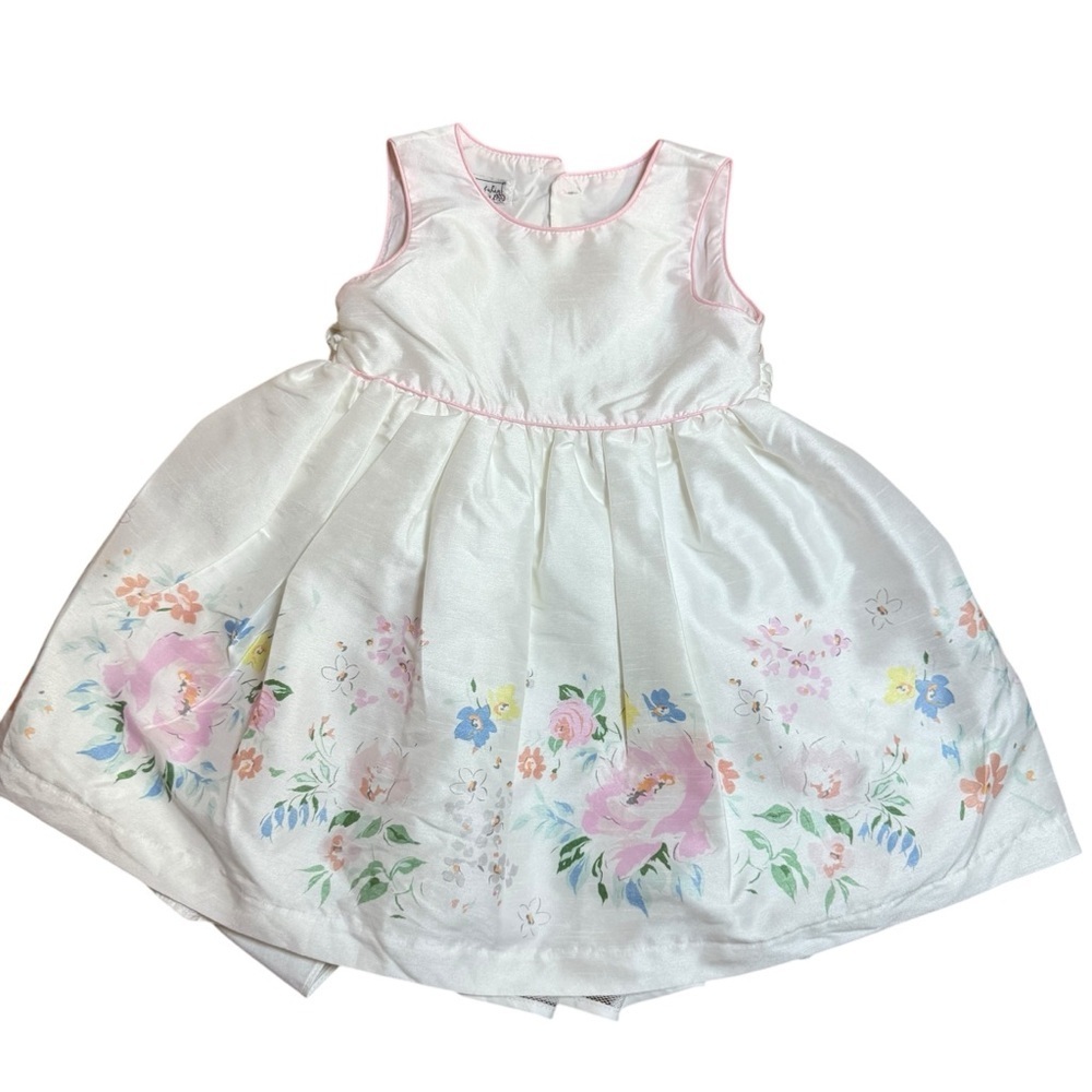 Pippa & Julie Ivory Satin Floral Sleveless Dress Pink Trim Full Skirt Size 2T